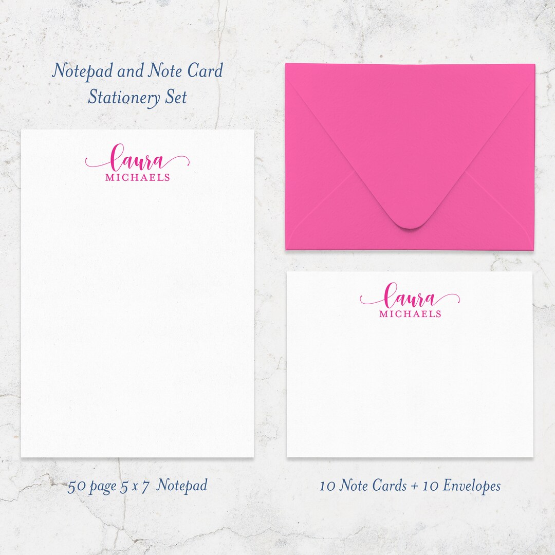 Personalized Stationery Set With 10 Note Cards + 10 Envelopes + 50 Page ...