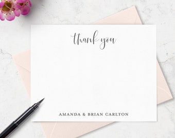 Wedding Thank You Cards & Envelopes,  Set of 10 Thank You Flat Note Cards, Personalized with Names, Choose Ink and Envelope Colors