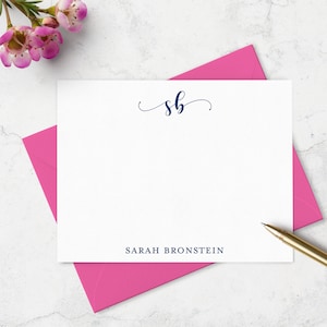 Personalized Note Card Set with 2 or 3 Letter Monogram and Full Name, Boxed Stationery Set of 10 Notecards and Envelopes, Choice of Colors