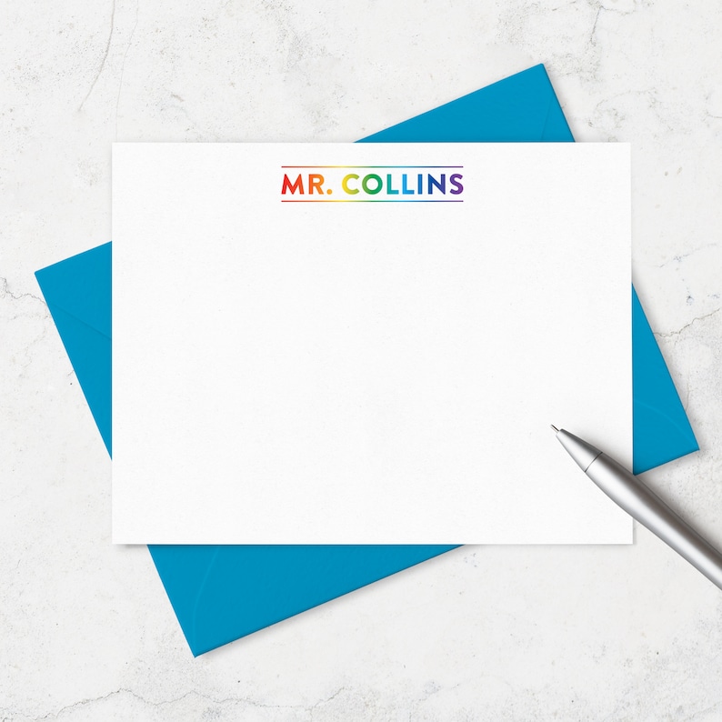 Boxed Set of A2 Flat Stationery Teacher Stationery Note to Students Teacher Note Cards Personalized with Name in Rainbow Bright Colors
