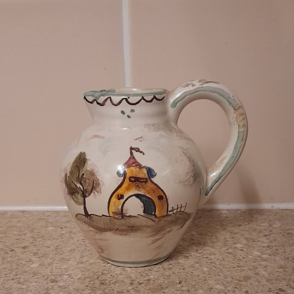 Vintage Ulmer Keramik ~ Small Pitcher/ Creamer ~ Hand Painted ~ Unique Pattern ~ Made in Germany ~ Mid Century ~ 4” ~ Very Collectable.