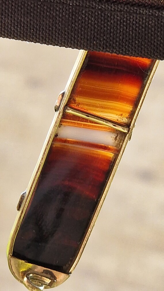 Vintage Translucent Banded Agate Bar Brooch ~ Gol… - image 5