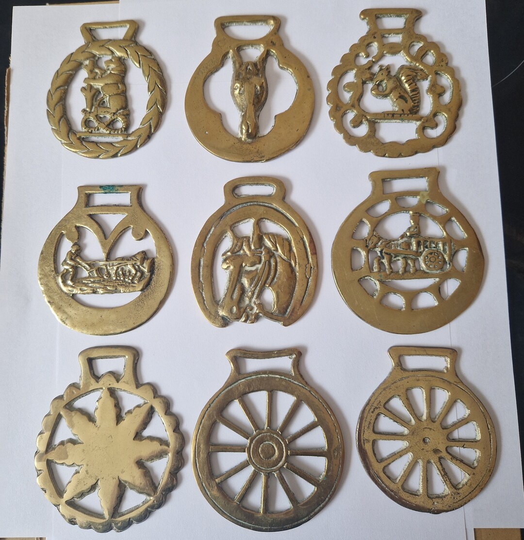 Vintage Lot of 9 Horse Harness Brasses Variety Selection Horse Brasses