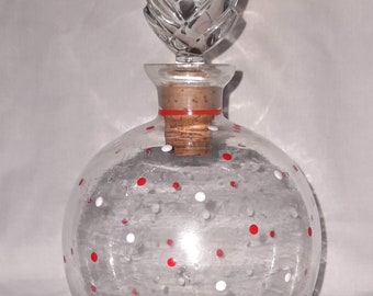 Botella de vidrio bulbosa vintage retro ~ Licor ~ Decoración de lunares de colores ~ Tapón de corcho - Circa 1950 - Decantador - Hecho a mano. Raro