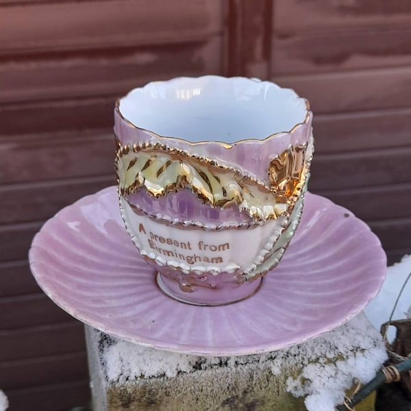 Antique German Porcelain Lustre ware Souvenir Cup & Saucer ~ ‘A Present From Birmingham’ ~  Raised Gilt Trims ~ Beautiful  ~ Collectable.