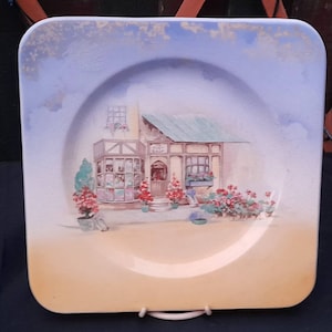 Vintage L & Sons Hanley England ~ Square Cake Plate ~ Sandwich Plate ~ The Posey Shop Pattern ~ 1930&#39;s ~ Country Scene ~ Picturesque.