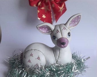 Vintage Lefton ~ Porcelain Deer / Fawn Figurine ~ Patchwork Pattern ~ Hand-painted ~ 1988 ~ Label ~ CHRISTMAS Decoration ~ Collectable.