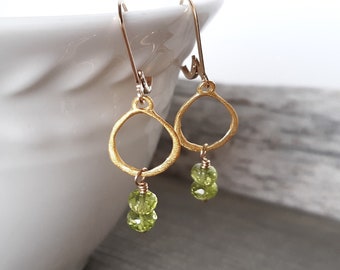 Peridot Dangle Earrings, Green Peridot Gemstone Beads, 14k Gold Fill Lever Backs, August Birthstone Gift, Handmade Jewelry Gift For Her