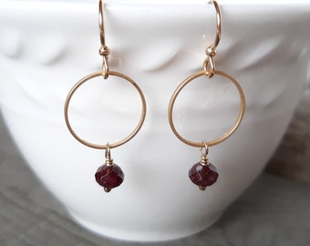 Garnet Dangle Earrings, Red Garnet Gemstone Beads, Dainty Earrings, 14k Gold Fill Ear Wires, January Birthstone Gift, Handmade Jewelry Gift