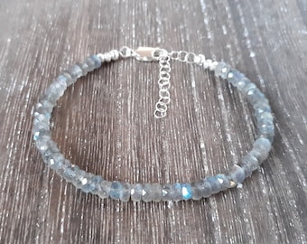 Labradorite Gemstone Beaded Bracelet, Sterling Silver, Grade AAA Blue Flash Labradorite Beads, Handmade Jewelry Gift, Birthday Gift For Her