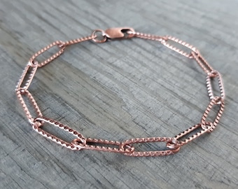 Copper Chain Bracelet, Oval Paperclip Rectangle Links, Copper Plated Textured Chain Charm Bracelet, Birthday Jewelry Gift