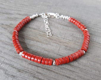 Red Jasper Bracelet, Sterling Silver, Red Brecciated Jasper, Gemstone Beaded Bracelet, Hill Tribes Silver, Handmade Jewelry, Gift For Her