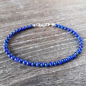 Lapis Lazuli Tiny Round Bead Bracelet, Blue Gemstone Jewelry, Stacking Layering Bracelet, Sterling Silver, Handmade Jewelry Mothers Day Gift