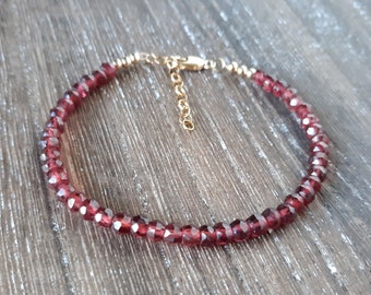 Garnet Gemstone Beaded Bracelet, January Birthstone Gift, 14k Gold Fill, Stackable Bracelet, Handmade Jewelry For Her, Mother's Day Gift