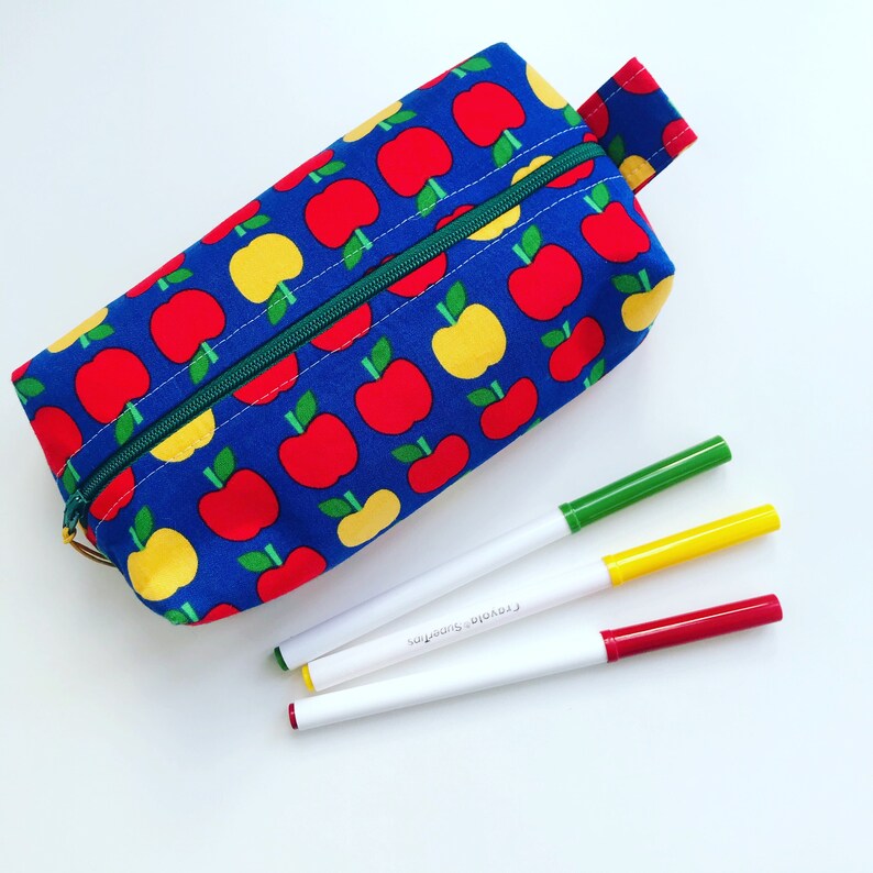 boxy pouch- apples school Handmade zippered pouch pencil case