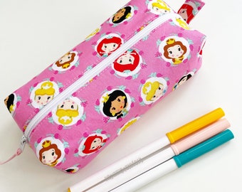 Handmade zippered pouch - pencil case - boxy pouch - princess - Ariel Cinderella Belle