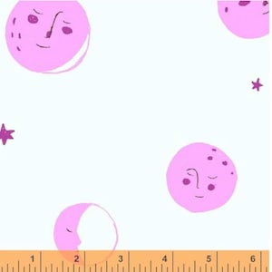 May include: A white background with pink moons and purple stars. The moons have faces and some are crescent shaped.