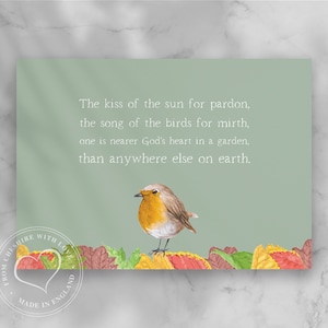 Impression de citation du jardinier Robin - « Le baiser du soleil pour le pardon, le chant des oiseaux pour la joie... » Impression cadeau d'anniversaire/Noël du jardinier.
