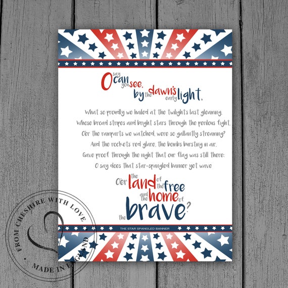 The Star Spangled Banner Lyrics Illustrative Print Etsy