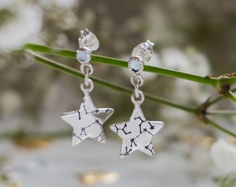 Constellation Gemstone Star Drop Earrings | Zodiac Silver Star Studs | Sterling Silver Star Earrings | Silver Gemstone Celestial Earrings