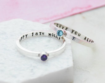 Silver Secret Message Birthstone Ring | Skinny Silver Birthstone Ring | Sterling Silver Personalised Cubic Zirconia Ring | Gift for her