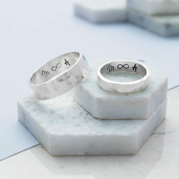 Sterling Silver Matching Hammered Ring Set | Silver Couples Wedding Ring Set | Handmade Personalised Silver Rings | Secret Message Rings