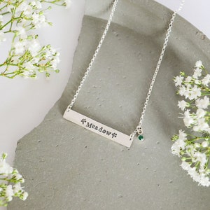 Birthstone Bar Necklace in Sterling Silver | Handmade Silver Birthstone Necklace | Bar Name Necklace with Birthstone | Mantra Bar Necklace