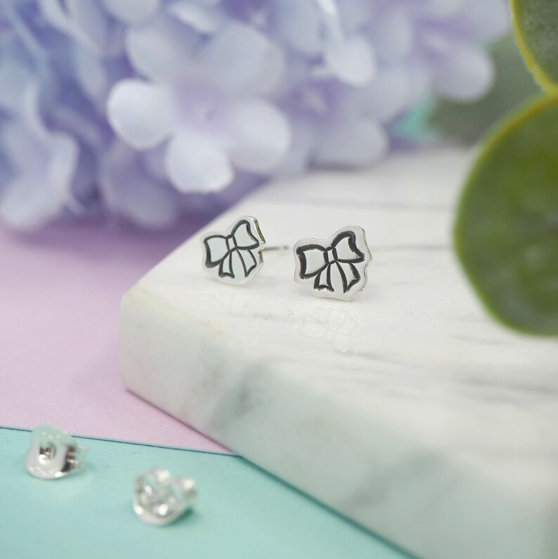 Sterling Silver Bow Studs Cute Ribbon Bow Earrings Silver Bow Earrings Handmade Bows Dainty Silver Studs Sweet Little Bow Studs image 3