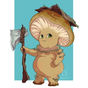May include: A whimsical illustration of a mushroom character with a large, brown cap and a friendly expression. The mushroom figure holds a stone axe and is set against a light blue background. The artwork has a cartoonish style.