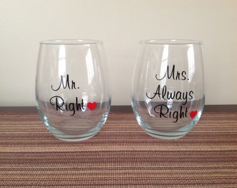 Set of Stemless Wine Glasses - Mr. Right and Mrs. Always Right