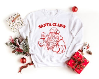 Women Santa Claws Sweatshirt White Claw Christmas Drinking Party Long Sleeve Pullover Tops T-Shirt