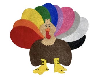 May include: A colorful felt turkey with a brown body, tan head, and a vibrant rainbow tail. The turkey has yellow feet and a red wattle. This Thanksgiving decoration is perfect for fall crafts and seasonal decor.