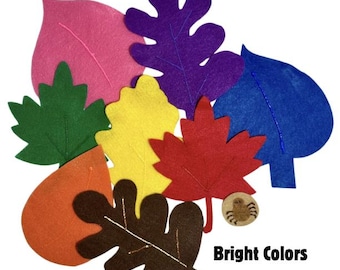 May include: A collection of felt leaves in pink, purple, blue, green, yellow, orange, red, and brown, featuring stitched vein details. A small circular wooden disc with a spider illustration is included. The text Bright Colors is visible.