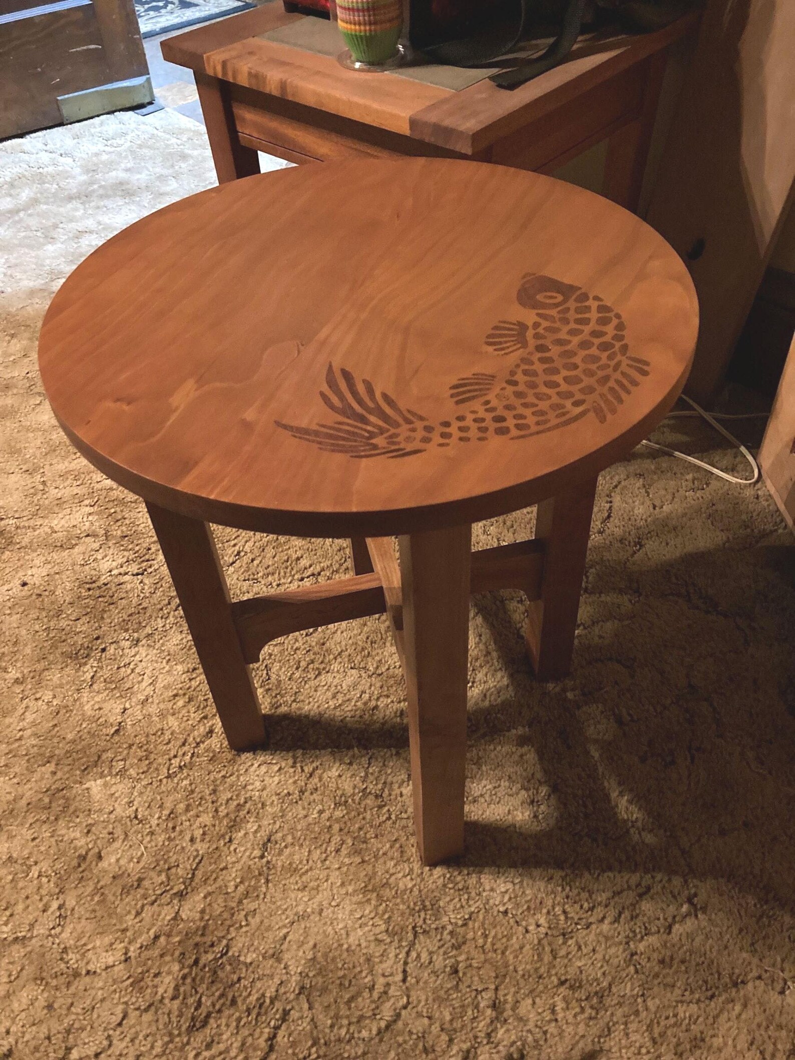 Handmade Cherry Tabouret Side Table: Gustav Stickley Koi Inlay Design ...