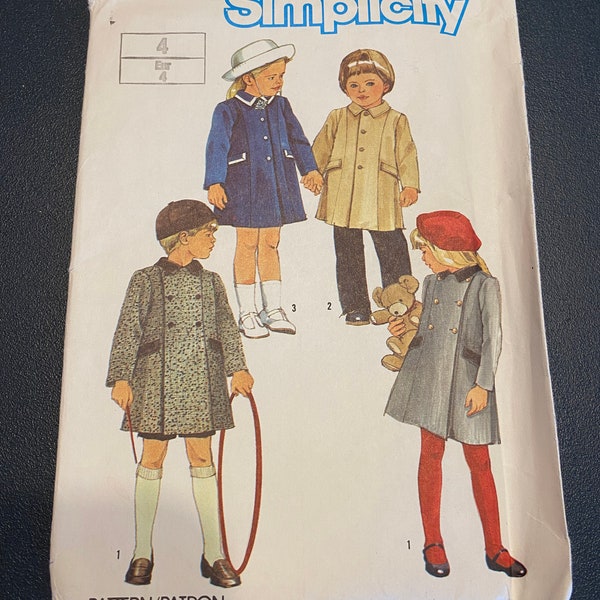 Vintage 1984 Simplicity 6661 Child's Single and Double-Breasted Coat Sewing Pattern Size 4 Uncut