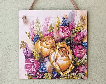 Peony flowers wall hanging plaque, Spring bouquet kitchen signs, Country wall decor, Farmhouse art, Wooden home signs, Decoupage