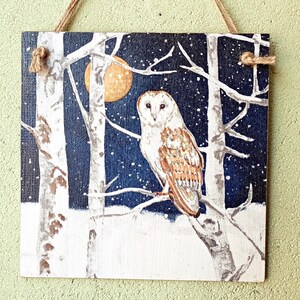 Targa da parete/quadro con gufo di fienile, cartello con luna piena e foresta invernale innevata, regalo per gli amanti dei gufi, cartello personalizzato, arte della fattoria di campagna con decoupage