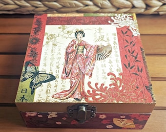 Japanese Geisha Keepsake Decoupage Box, Asian Inspired Wooden Jewelry Box, Vintage Oriental Decor Gift