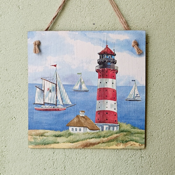 Rode vuurtoren hangende plaquette, zee oceaan kust cabine muur teken, boten kust muur foto, houten keuken land borden, strand minnaar cadeau