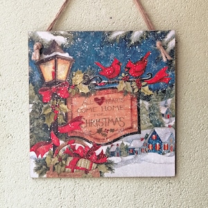 Wall hanging plaque/picture Christmas snowy night Winter lantern Red cardinal birds sign Country Xmas wooden kitchen decoupage gift art