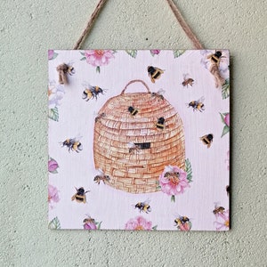 Bees in hive pink blossom flowers wooden sign, Country rustic wall hanging plaque/picture, Bee lover garden kitchen gift, Decoupage decor