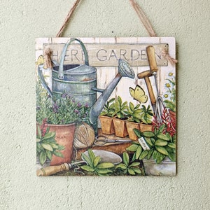 Bord kruidentuin, rustieke bloemperken/potten/gieter kruiden vlinderplaquette, muurhangende foto cadeau tuinliefhebber, tuinman uitrusting kunst