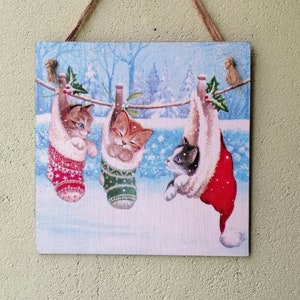 Christmas Winter snow hanging plaque, Little kitties in Xmas socks, Cozy cats country wall sign, Cat lover gift, Decoupage farmhouse art