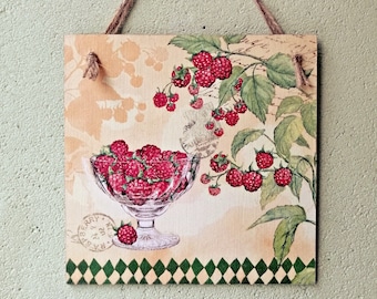 Wall hanging plaque/picture Red Raspberries in cup Summer Kitchen fruit sign Country wall wooden art Raspberry brunch Decoupage