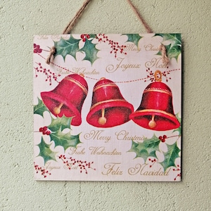 Red Bells kitchen wooden sign, Jingle bells Merry Christmas sign, Winter wall decorations, Xmas winter hanging plaque, Christmas hangings