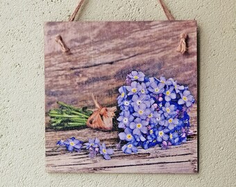 Blue flower Wall art, Wood Wall decor, Farmhouse wall art, Wildflower wall art, Kitchen decoupage wall decor, Cottage sign,Housewarming gift