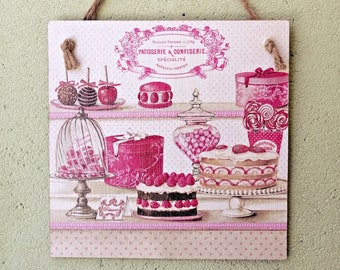 Patisserie Wall Sign, French Bakery Decor, Shabby Chic Kitchen Wall Art, Pink Dessert Wall Plaque, Cottage Kitchen Decor