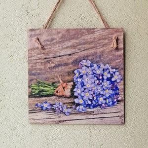 Blue flower Wall art, Wood Wall decor, Farmhouse wall art, Wildflower wall art, Kitchen decoupage wall decor, Cottage sign,Housewarming gift