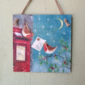 Notte nevosa di Natale Segno degli uccelli della scatola postale rosso dell'inverno, arte regalo del decoupage della cucina in legno di Natale del paese, piccolo regalo, placca / foto appesa alla parete