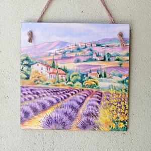 Village Lavender fields wall hanging sign, Nature French Province Rustic Purple Country side plaque, Village houses mountain view picture